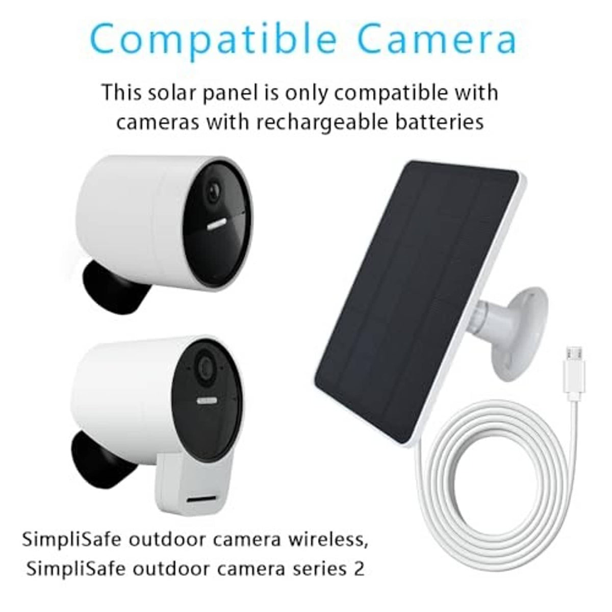 White outdoor camera solar kit with dark panel, two mounts, and charging cable