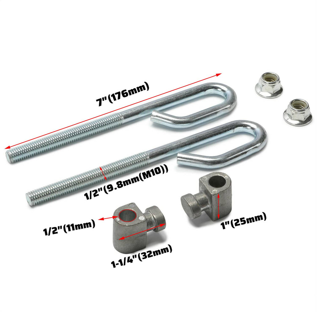 Deck lift bolt kit with size-labeled U-bolts, nuts, washers, cotter pins, and brackets