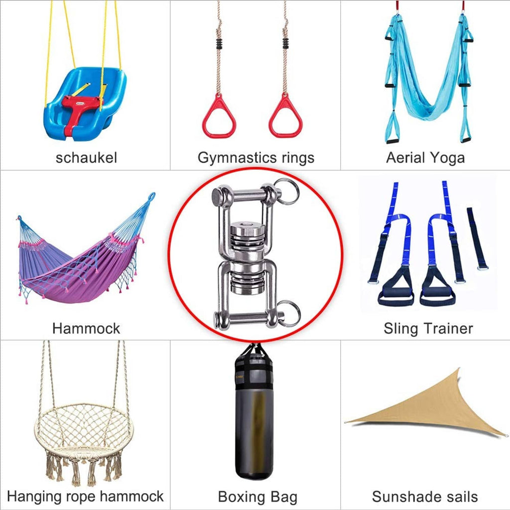 Stainless steel hammock swing hanger shown in a usage accessories collage