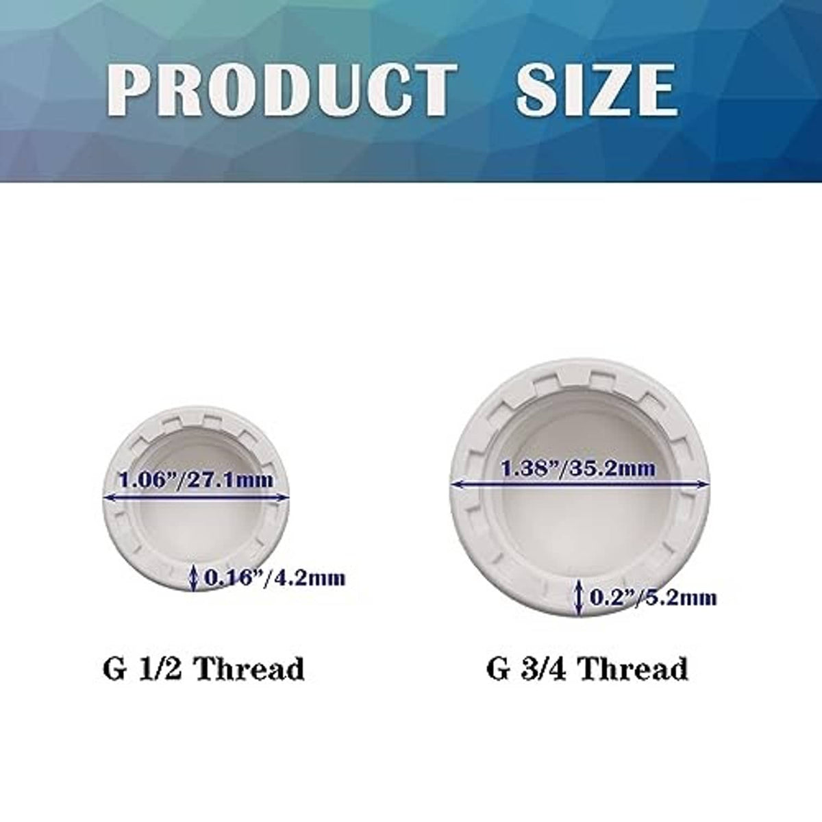 White PVC pipe end cap plugs with ridged outer rim; G 1/2 thread size marking