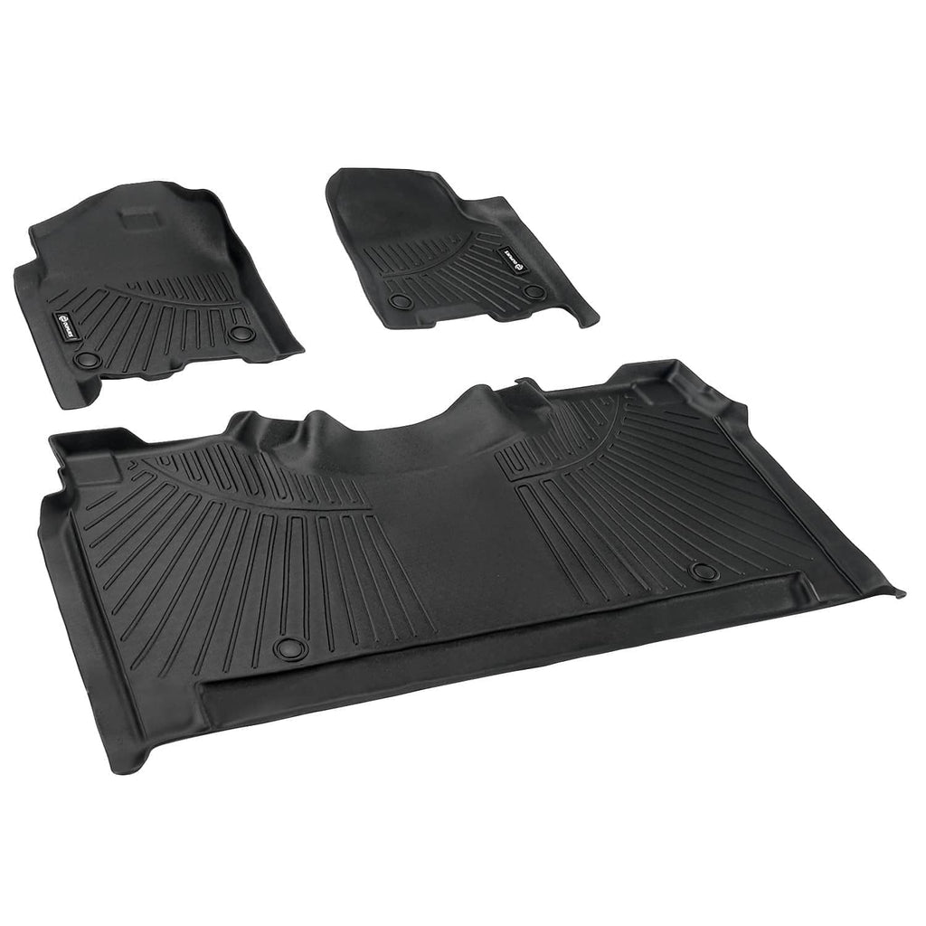 Black TPE floor mats set, flat back mat and two front mats with ridged texture