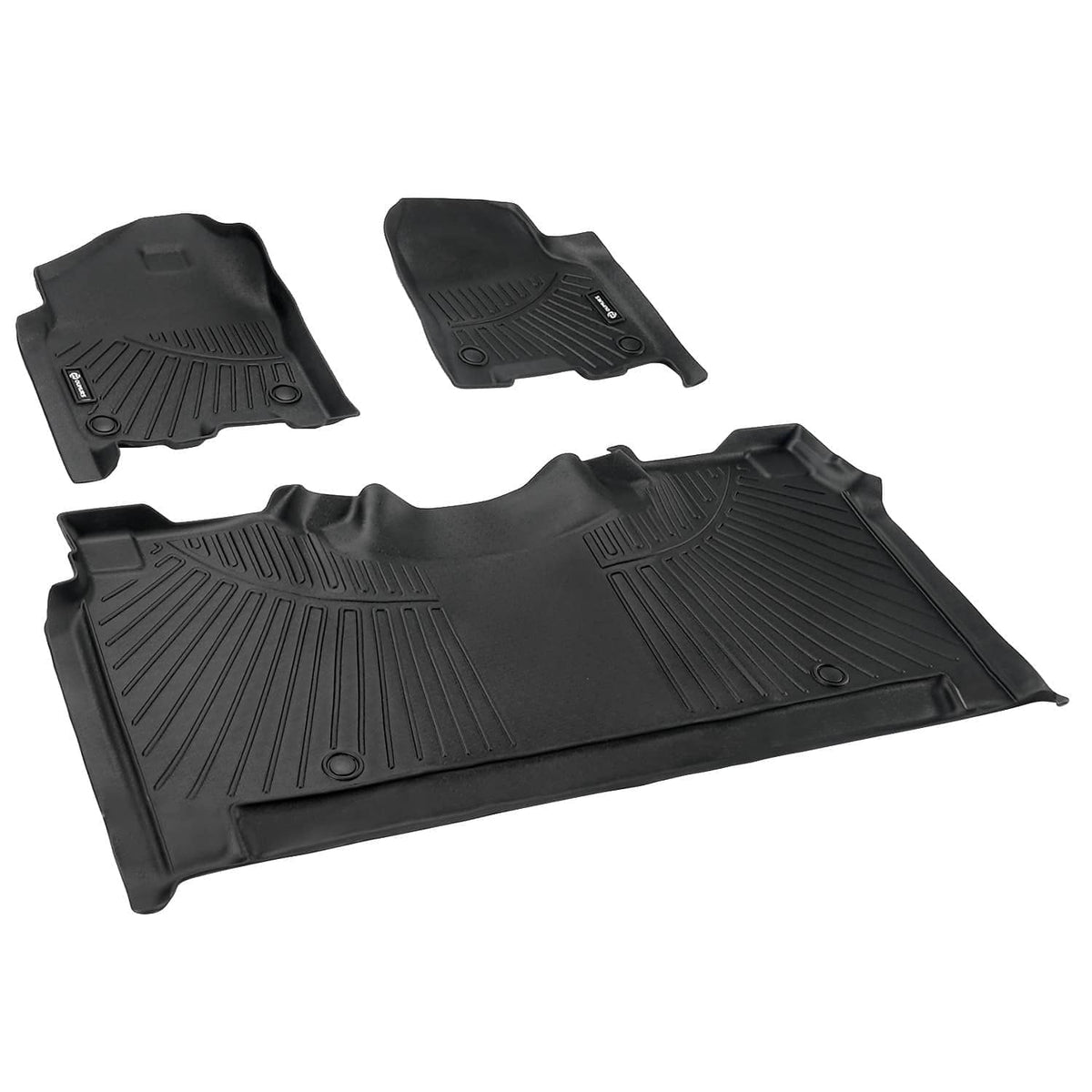 Black TPE floor mats set, flat back mat and two front mats with ridged texture