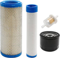 Kawasaki engine filter set: air filter cartridge, oil filter canister, and fuel filter.