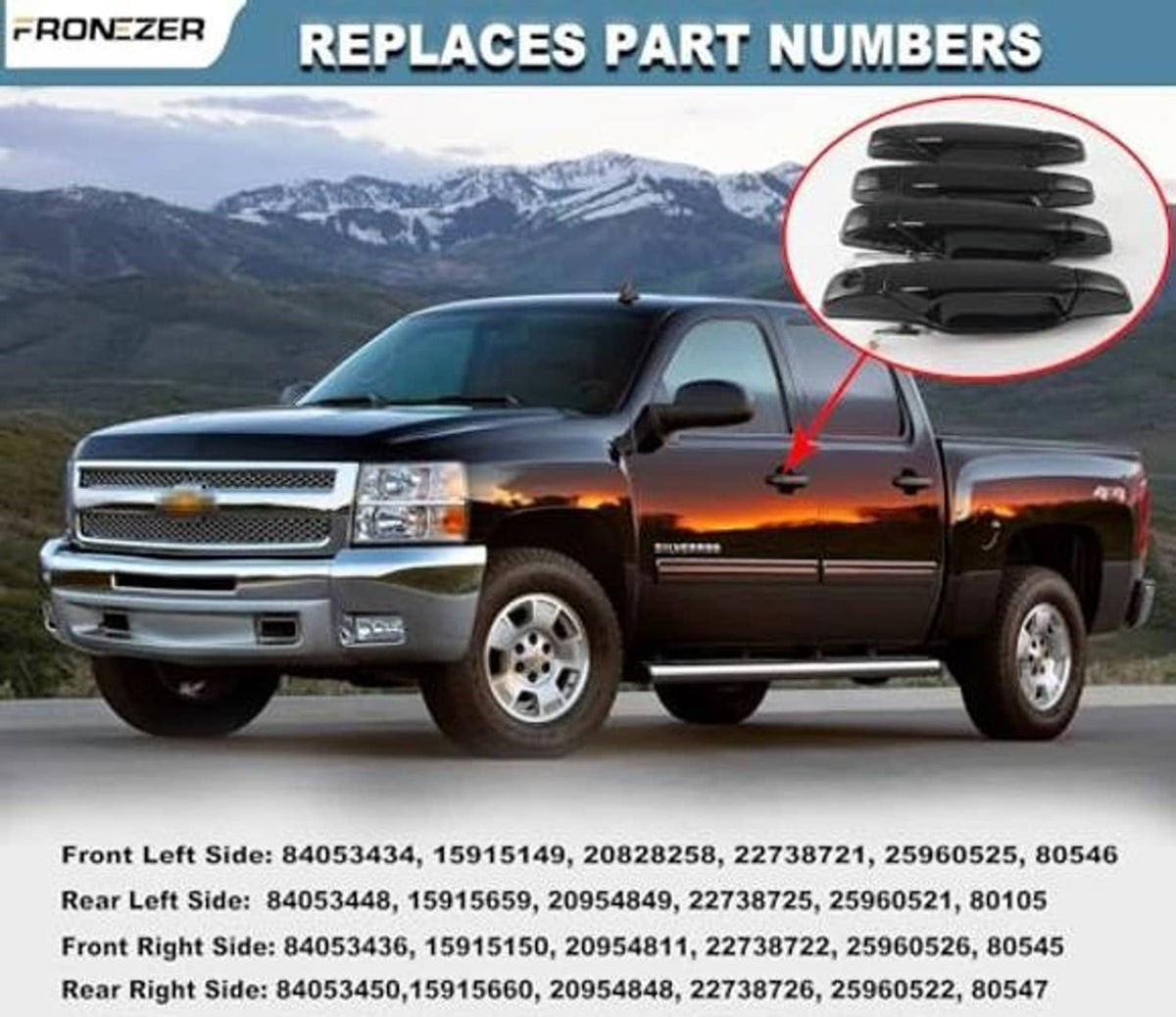 Four glossy black exterior door handles shown as an inset pack graphic