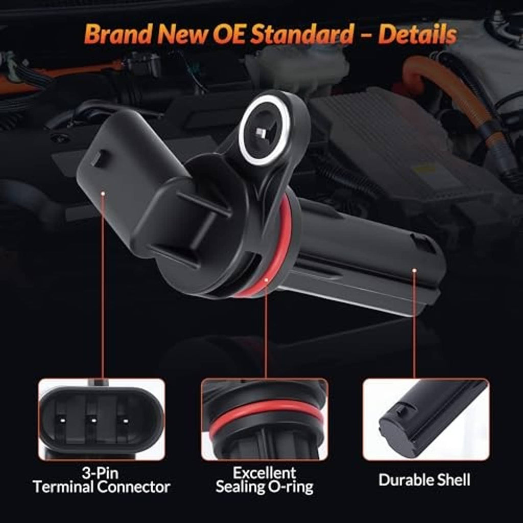 Crankshaft position sensor close-up with 3-pin connector and red O-ring seal
