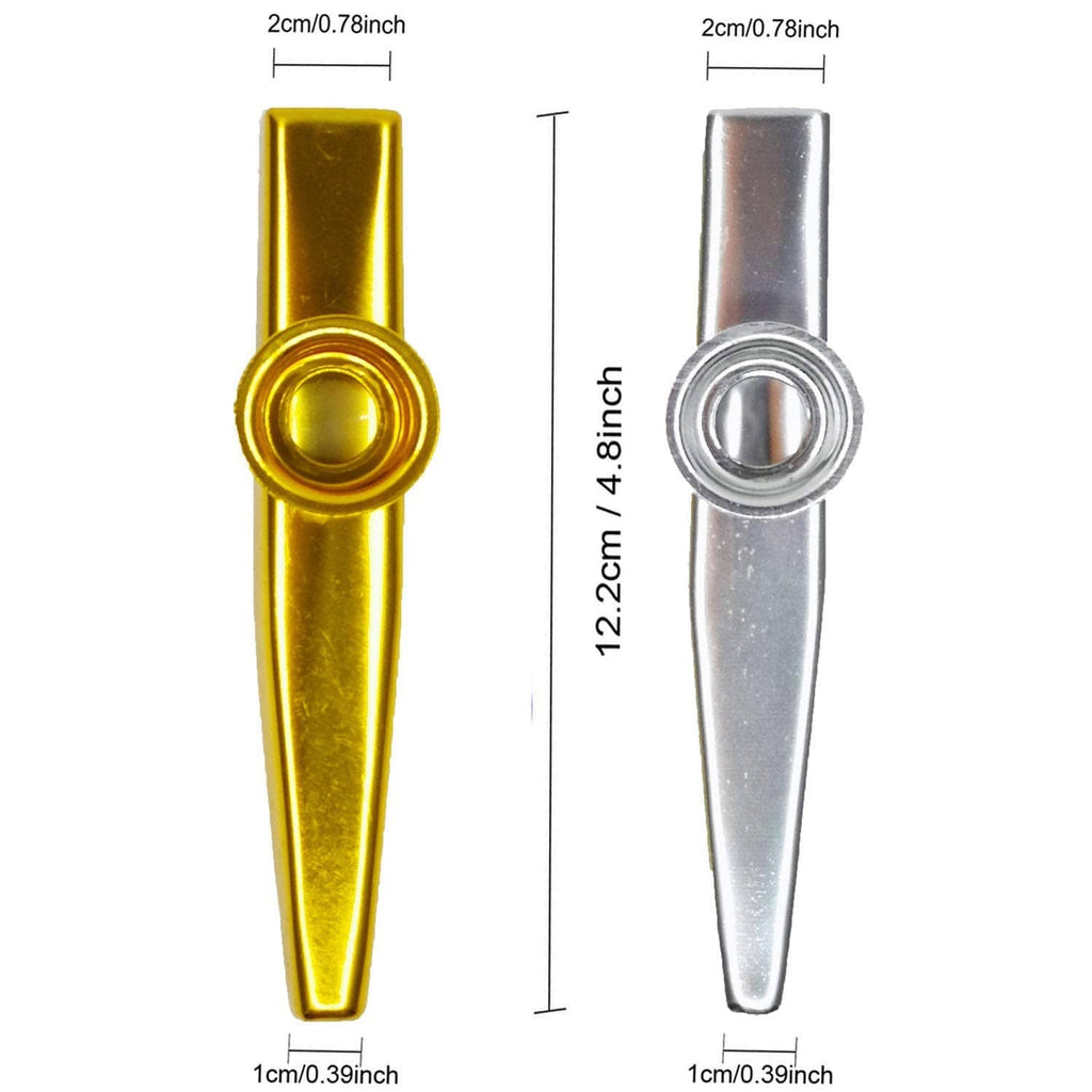 Gold and silver metal kazoo instruments with circular diaphragm opening, front view