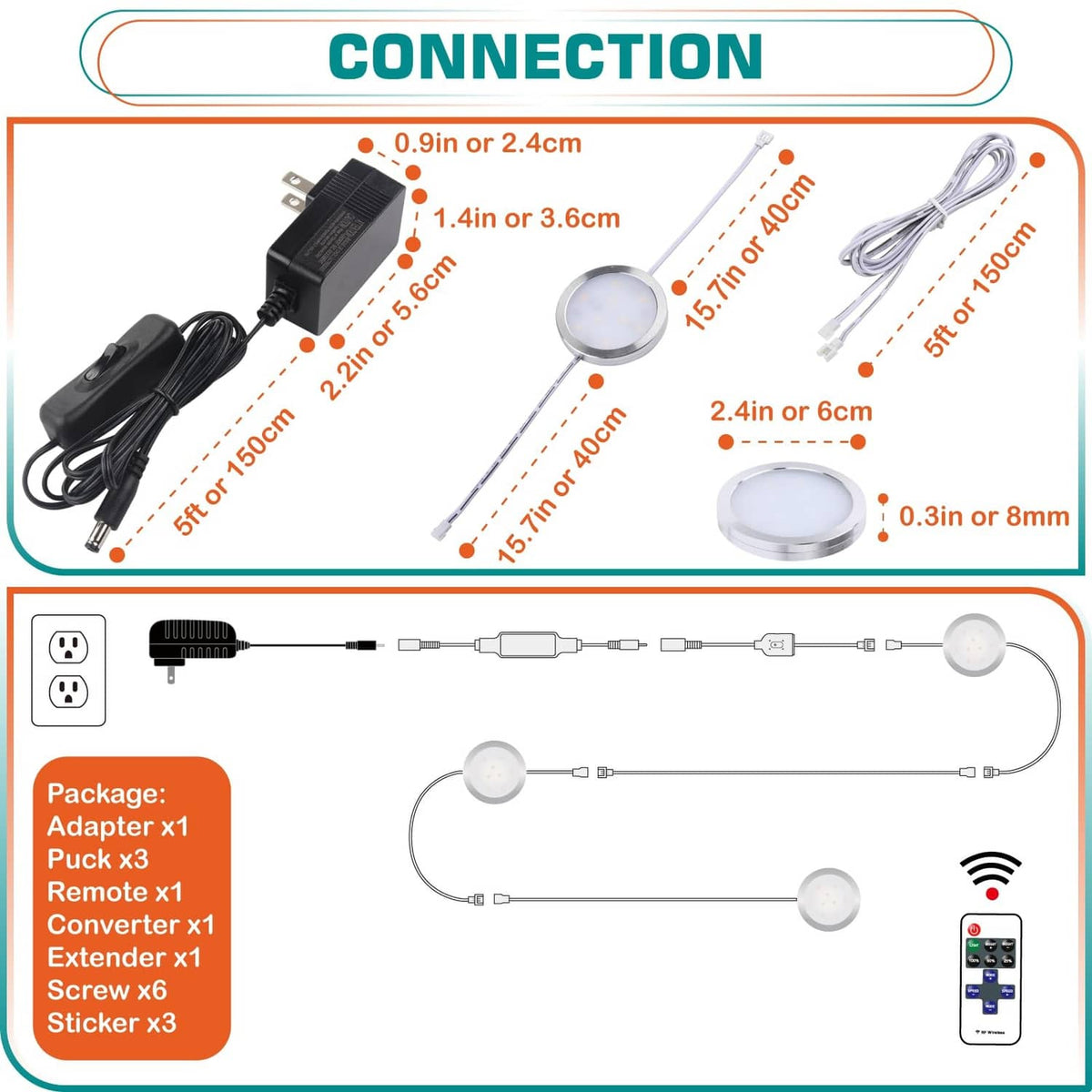 LED puck light system diagram with round lights, wiring leads, adapter, and remote