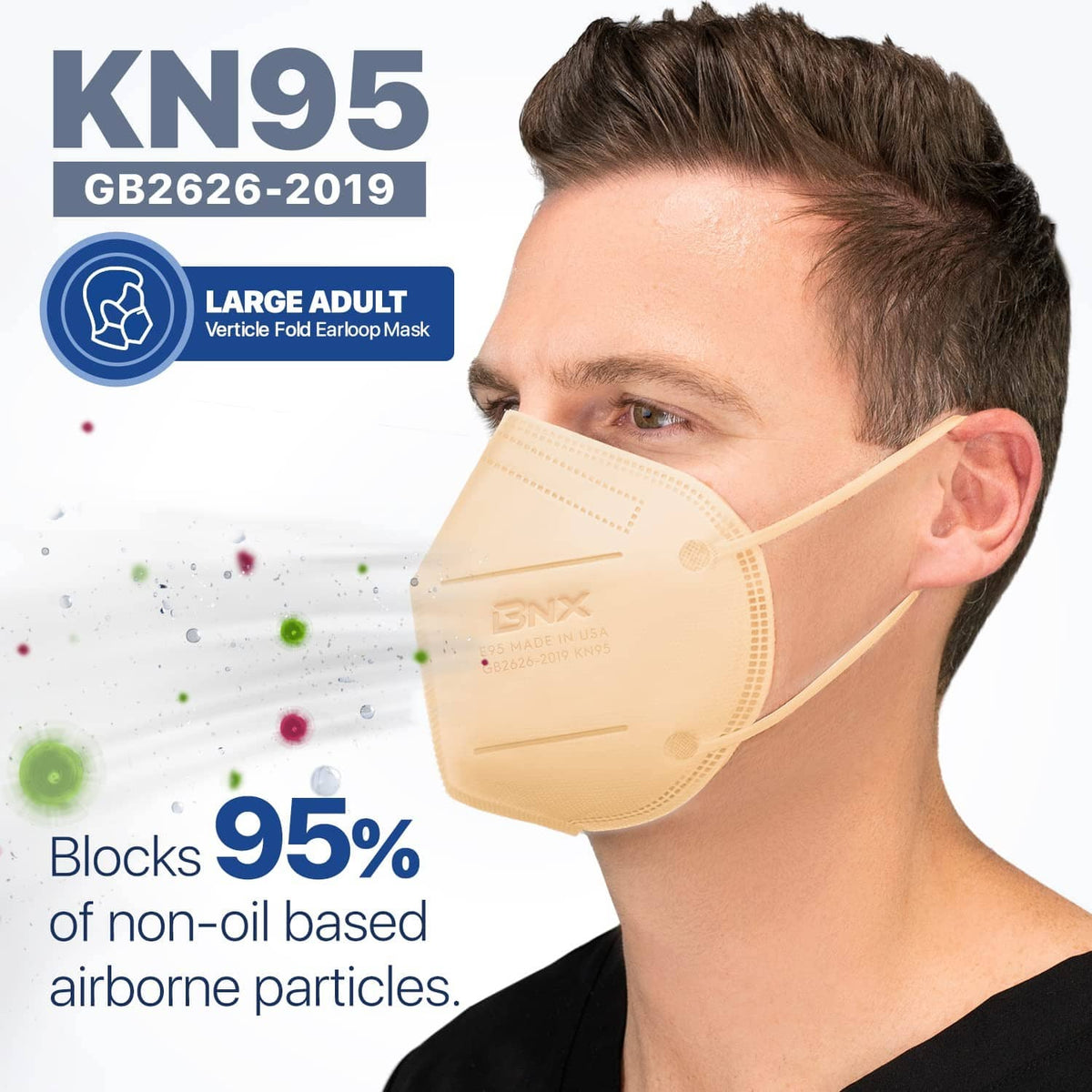 Large adult beige KN95 face mask on man, side profile with molded nose seal