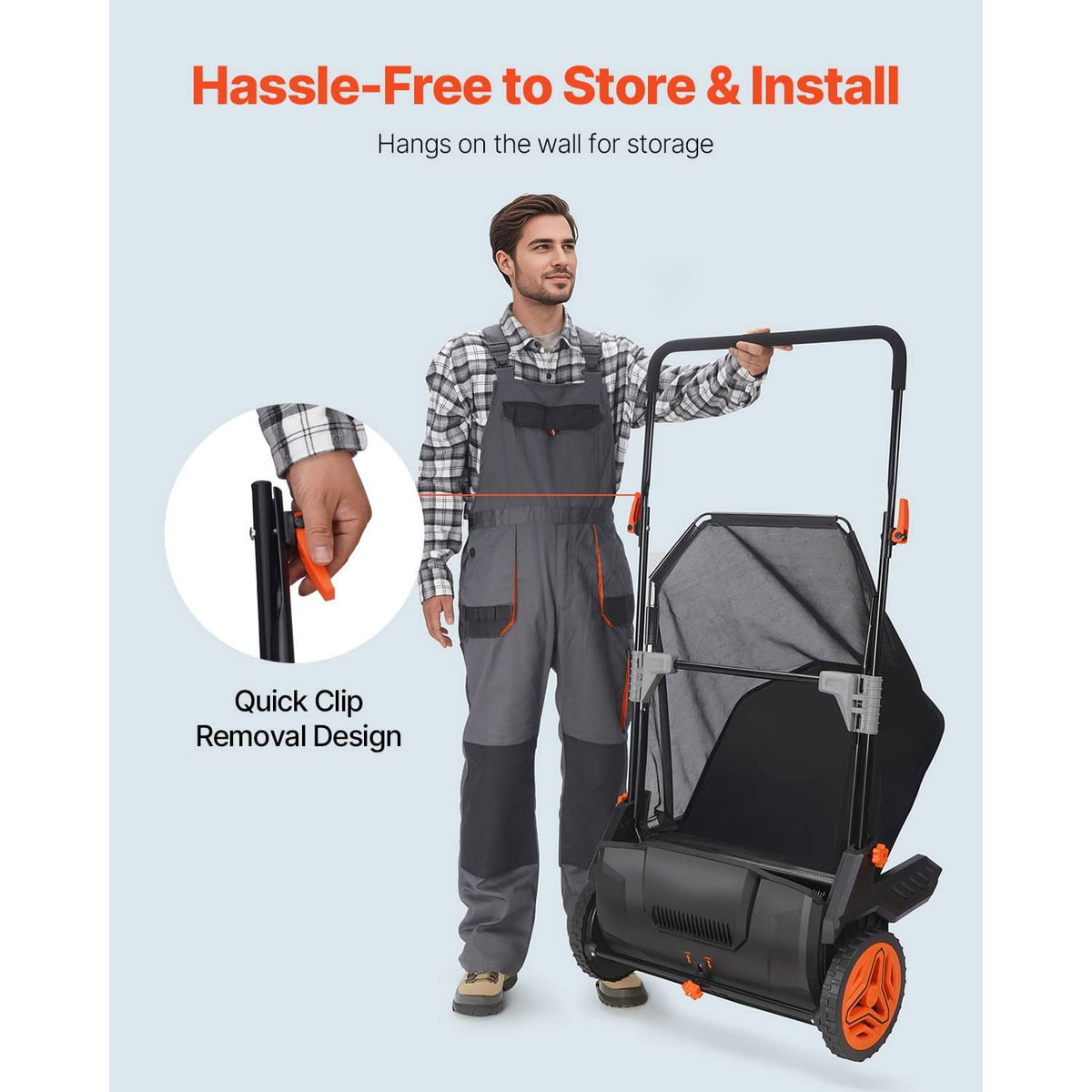 Lawn leaf sweeper with quick-clip removable hopper for easy storage