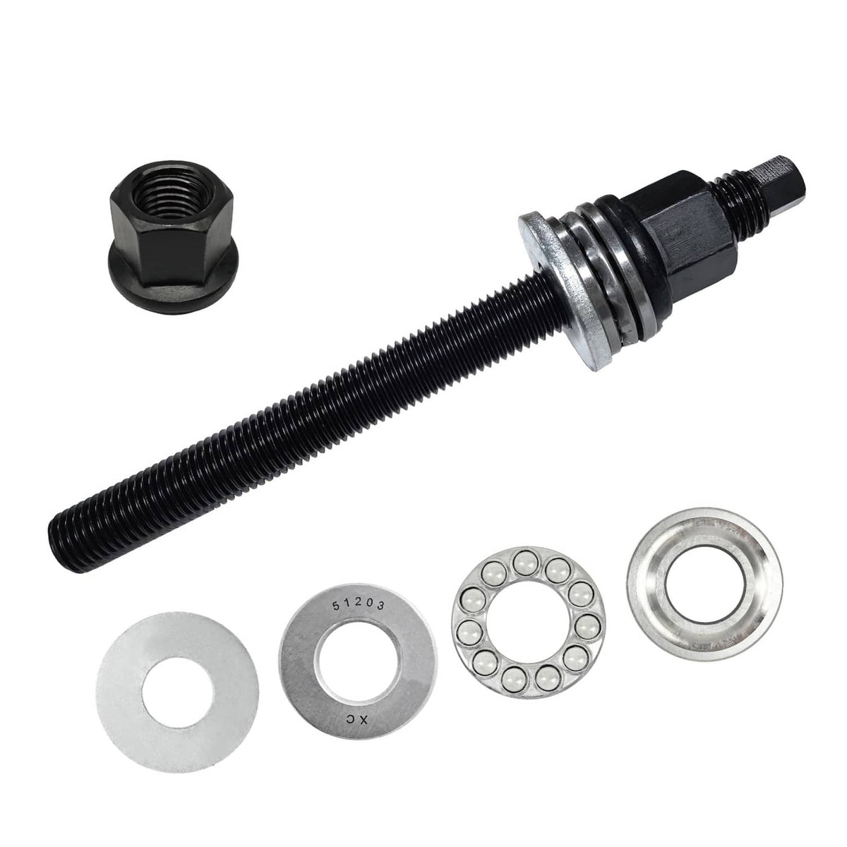 Harmonic balancer installation puller tool with threaded bolt, washers, and mounting nuts