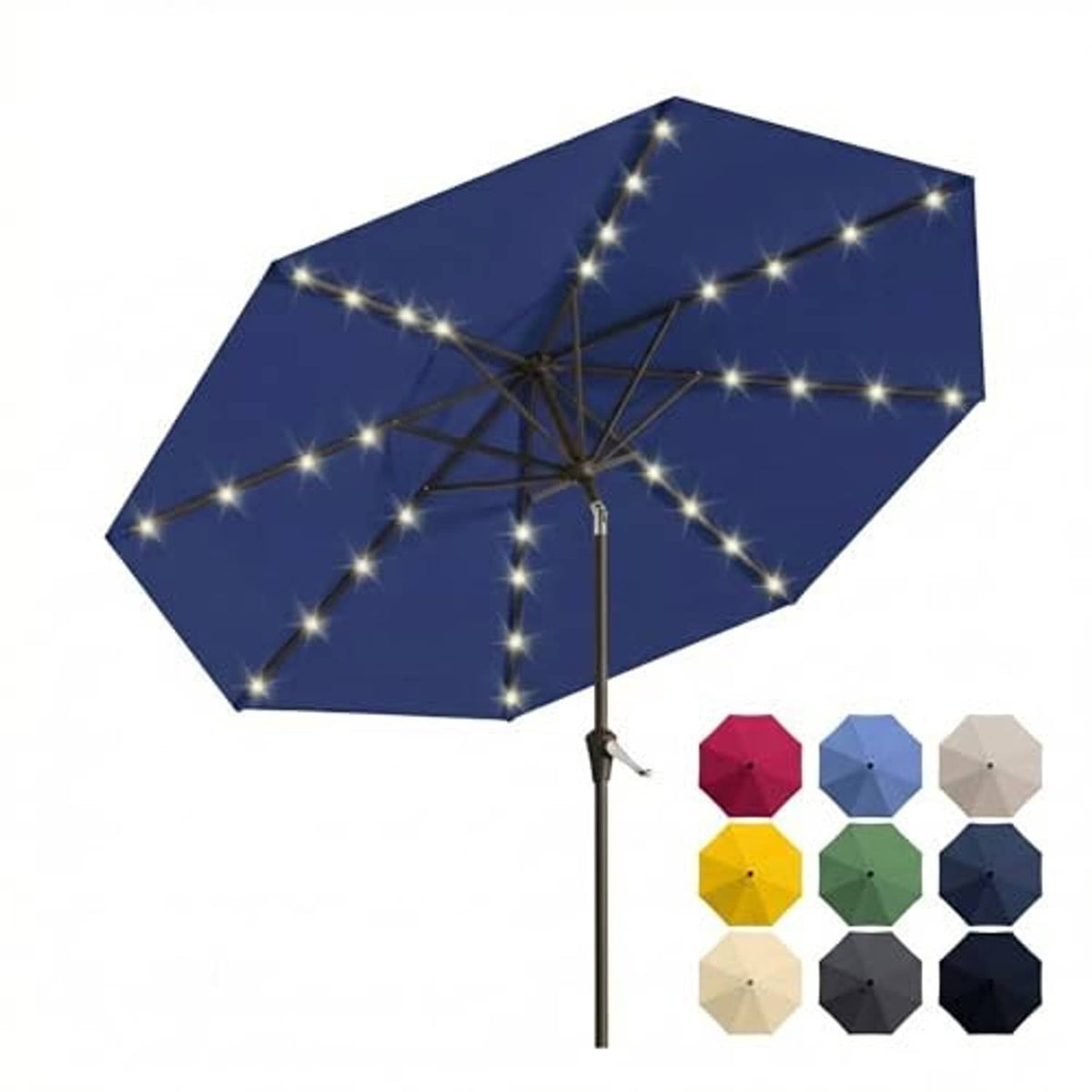 Navy outdoor market umbrella with solar string lights; color swatches displayed.