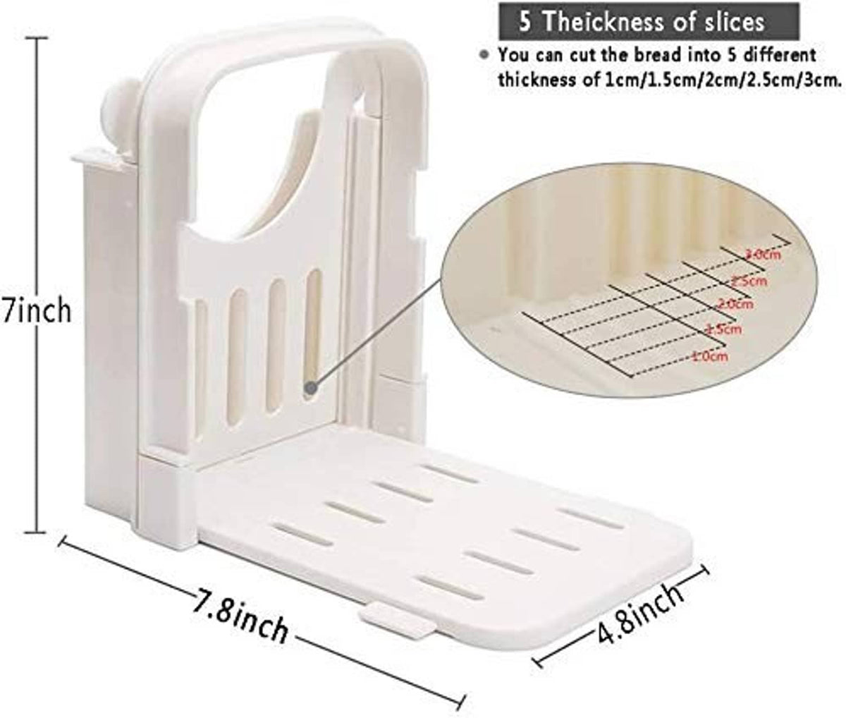 White bread slicer with slice-thickness and measurement guide markings