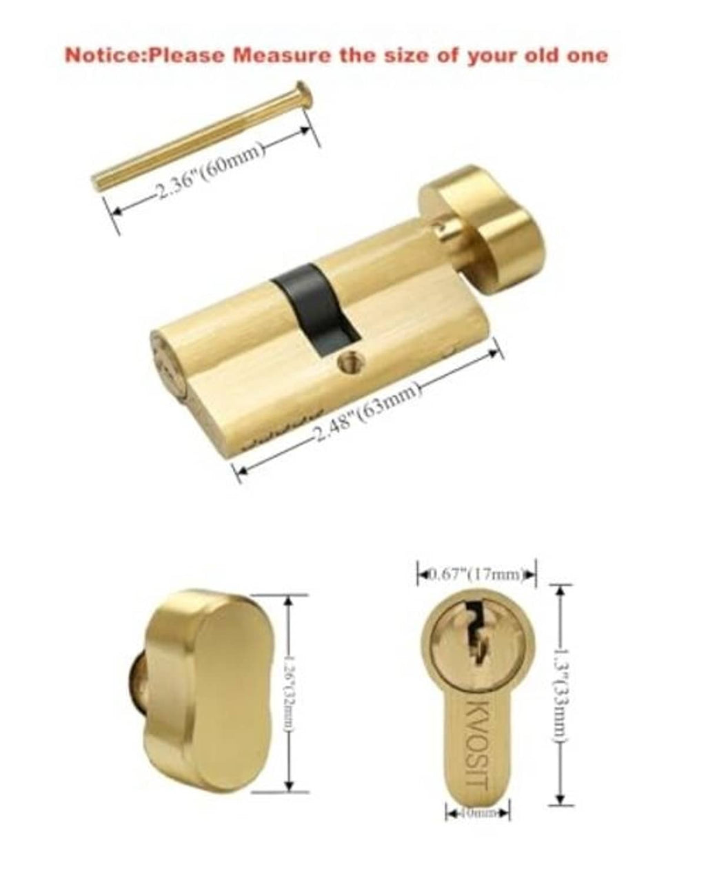 Brushed brass lock cylinder with end cap, shown from side and front angles