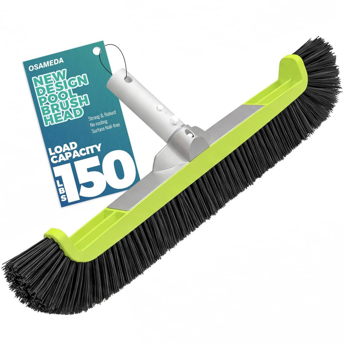 18-inch pool brush head with curved ends, black bristles and green handle base.