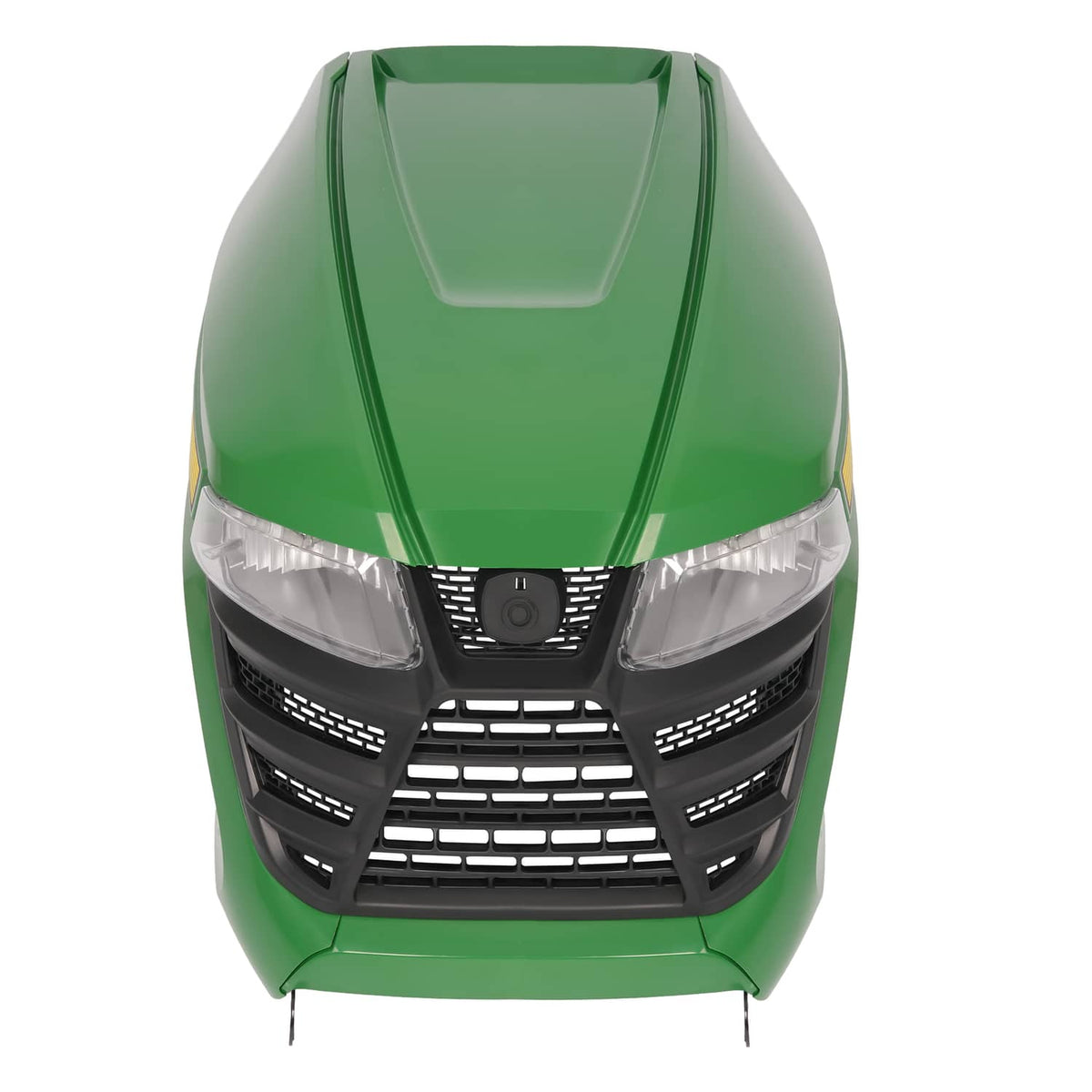 John Deere green mower hood with dual clear headlights and black grille