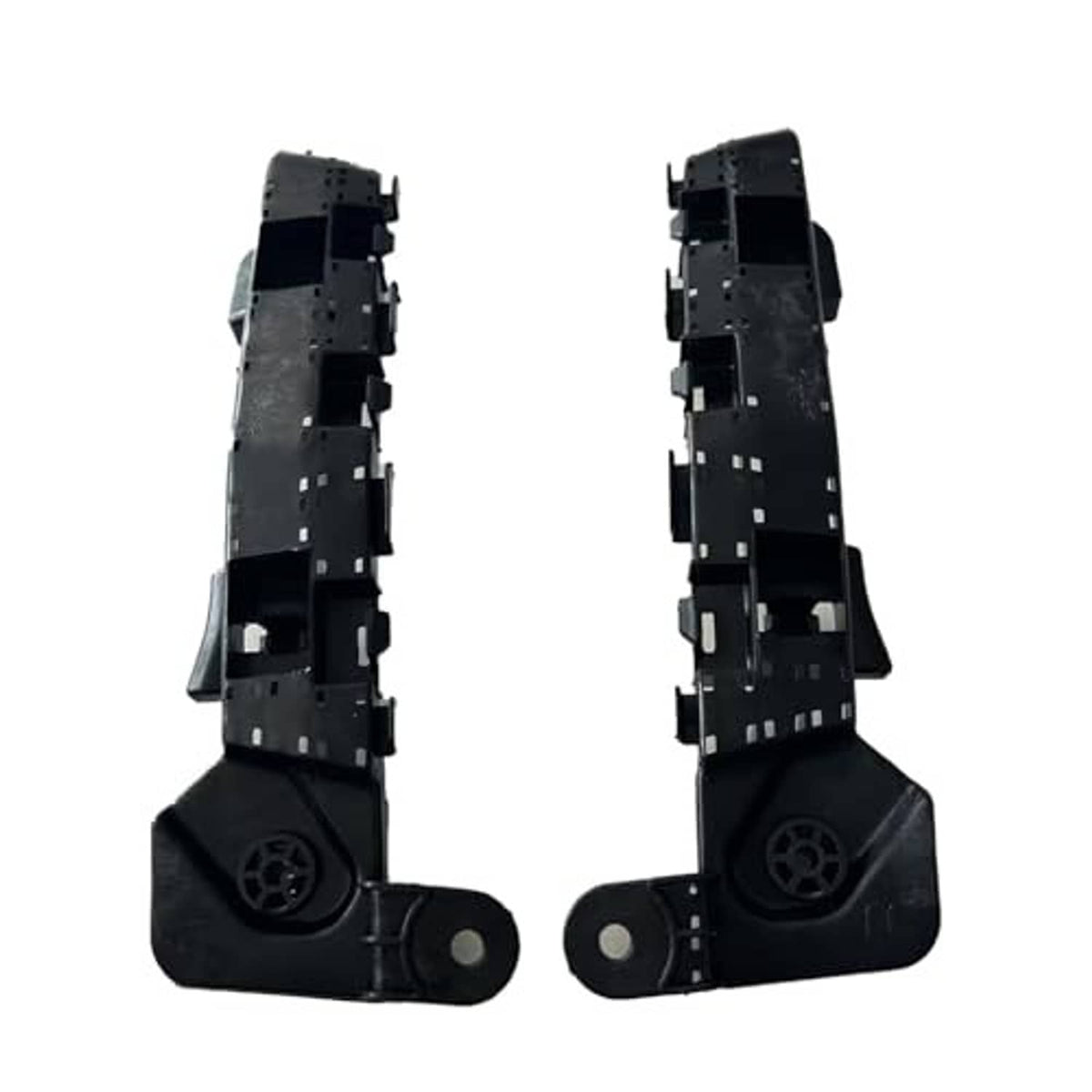 Pair of black bumper brackets with circular mount openings and bracket arm attachment tabs
