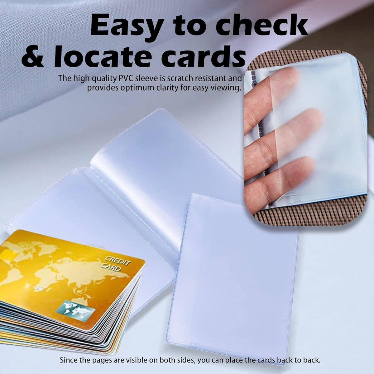 Light blue transparent PVC credit card sleeves, hand showing clear card insertion