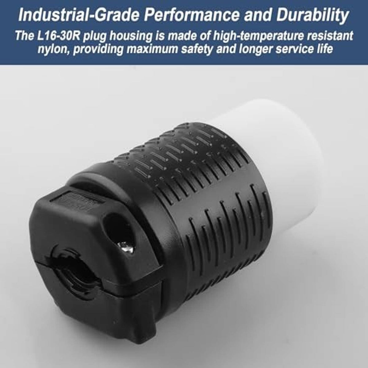 Industrial locking power plug with black ribbed housing and white insulating end