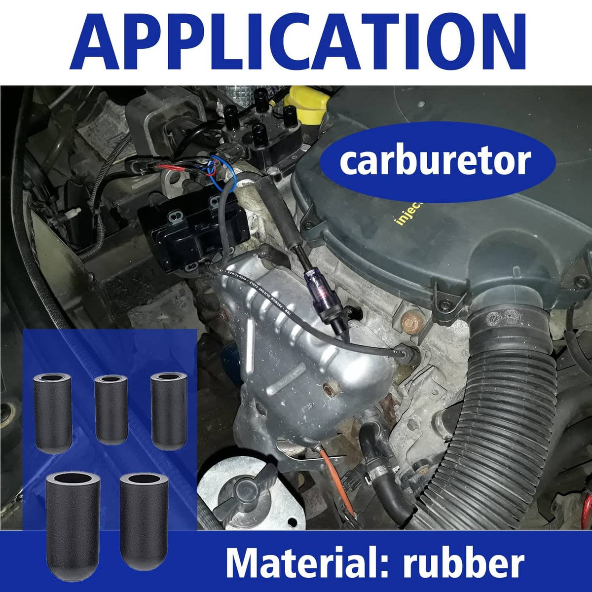 Black rubber vacuum caps shown for engine intake ports, multiple cap sizes