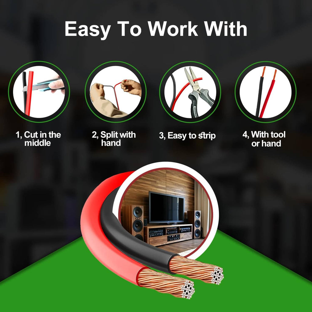 Coiled red and black hookup wire with cut, split, and strip use icons