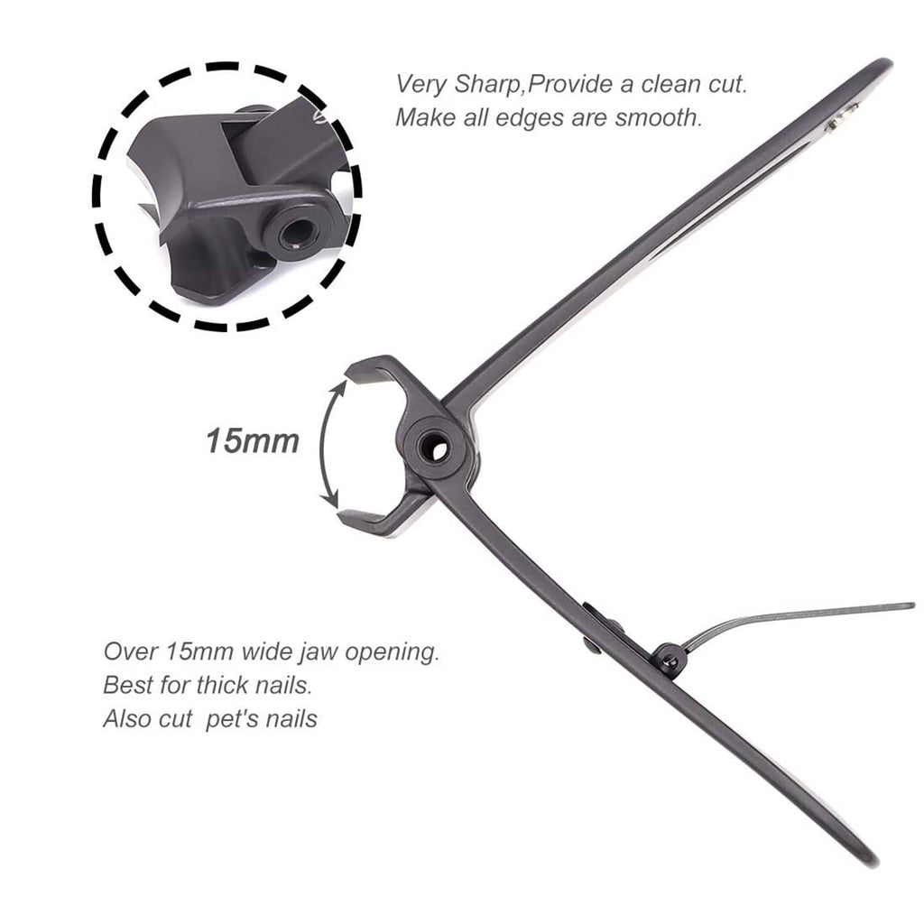 Dark grey nail clippers with long handle and ultra-wide jaw opening, angled view