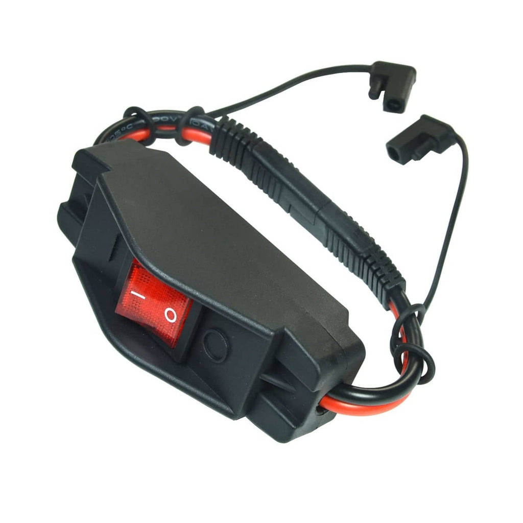 On/off power converter module with red rocker switch and attached cable ends