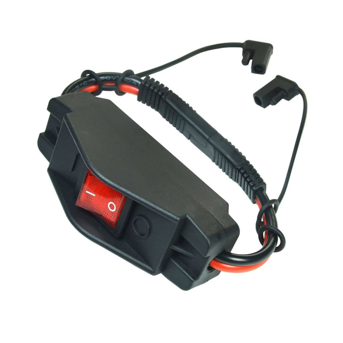 On/off power converter module with red rocker switch and attached cable ends
