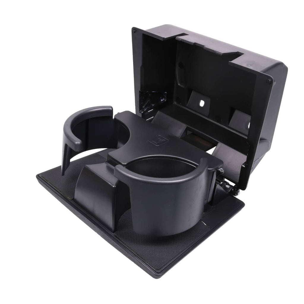 Black front dual cup holder module with cup openings and hinged mounting frame