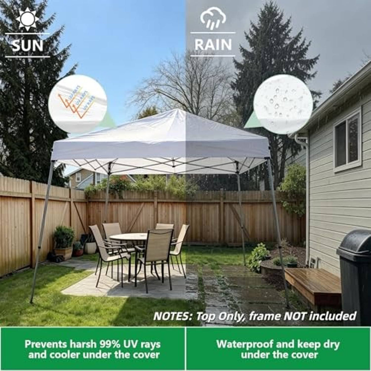 White slant-leg canopy top cover installed on metal frame in a backyard