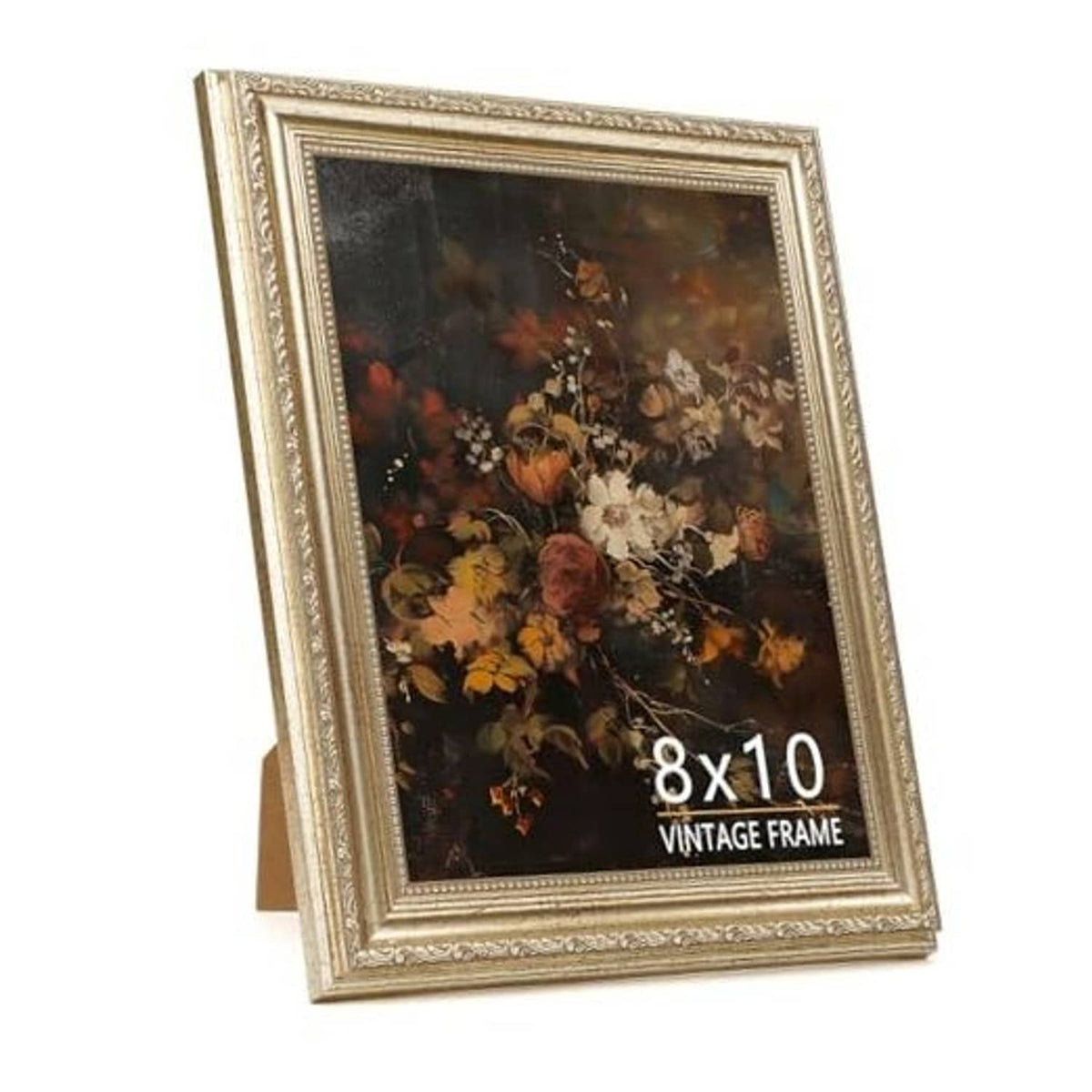 Ornate distressed champagne-silver 8x10 picture frame with floral photo insert