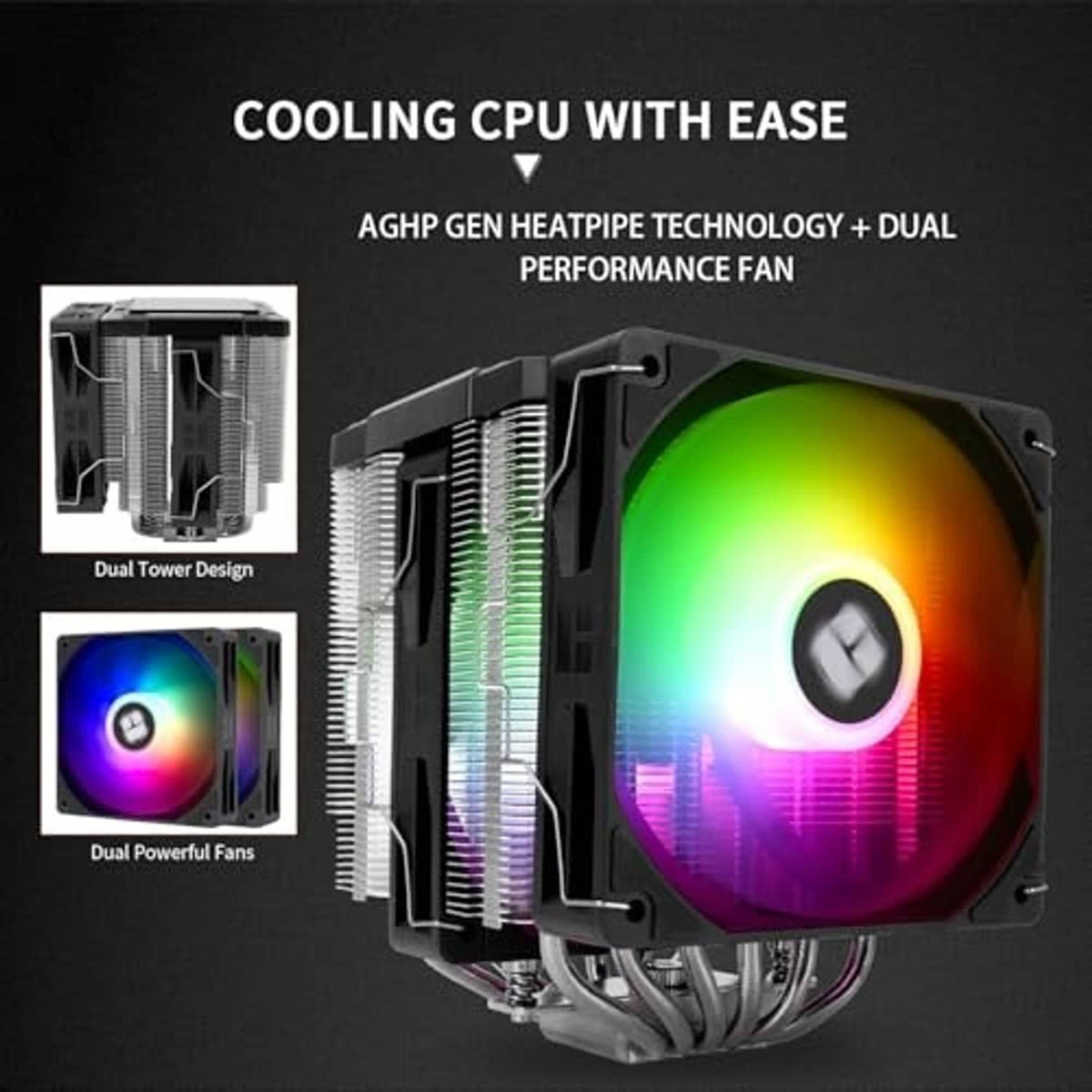 Dual-tower black CPU cooler with rainbow ARGB fan and dense fin arrays