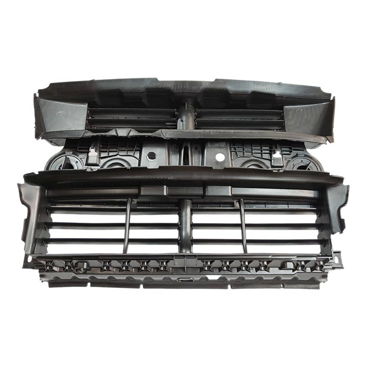 Front active grille shutter assembly with motor, black and gray slatted vents