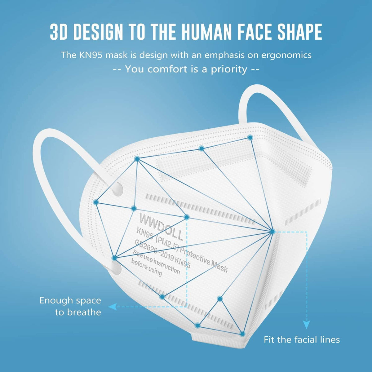 White KN95-style face mask with molded nose bridge and ear loops