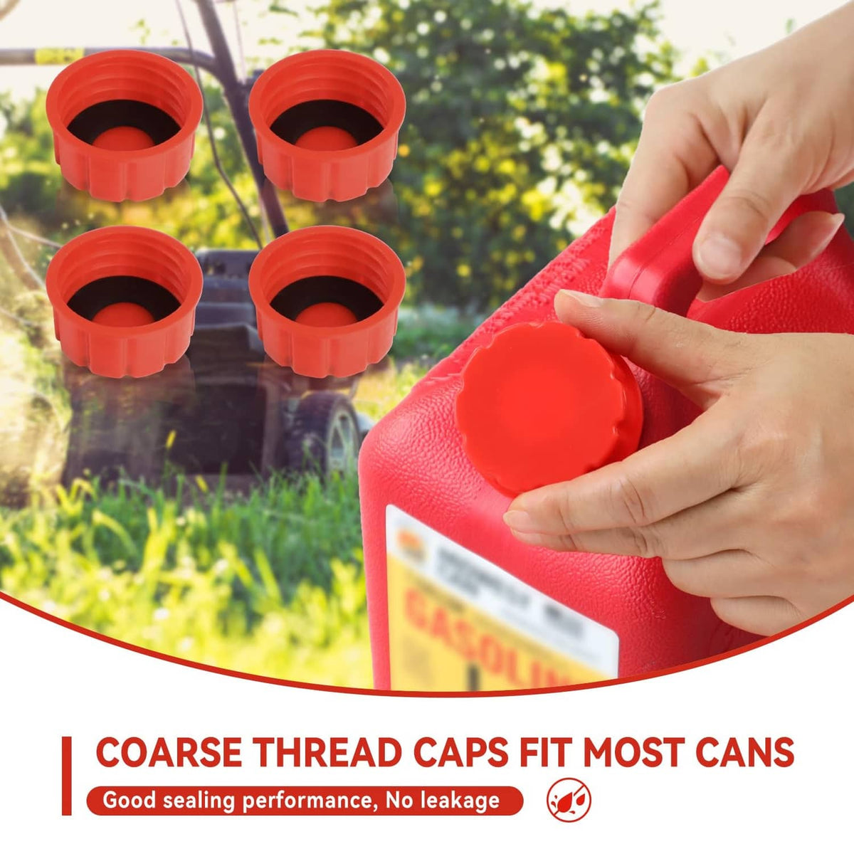 Red gas can replacement caps in hand, open threaded caps with black gasket
