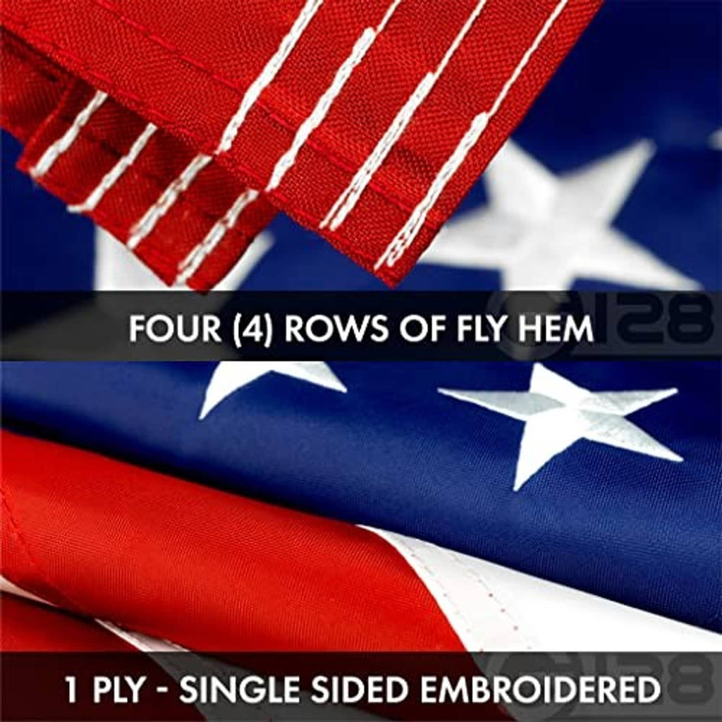 Red and blue stitched flag corner with white stars and multiple rows of fly hem