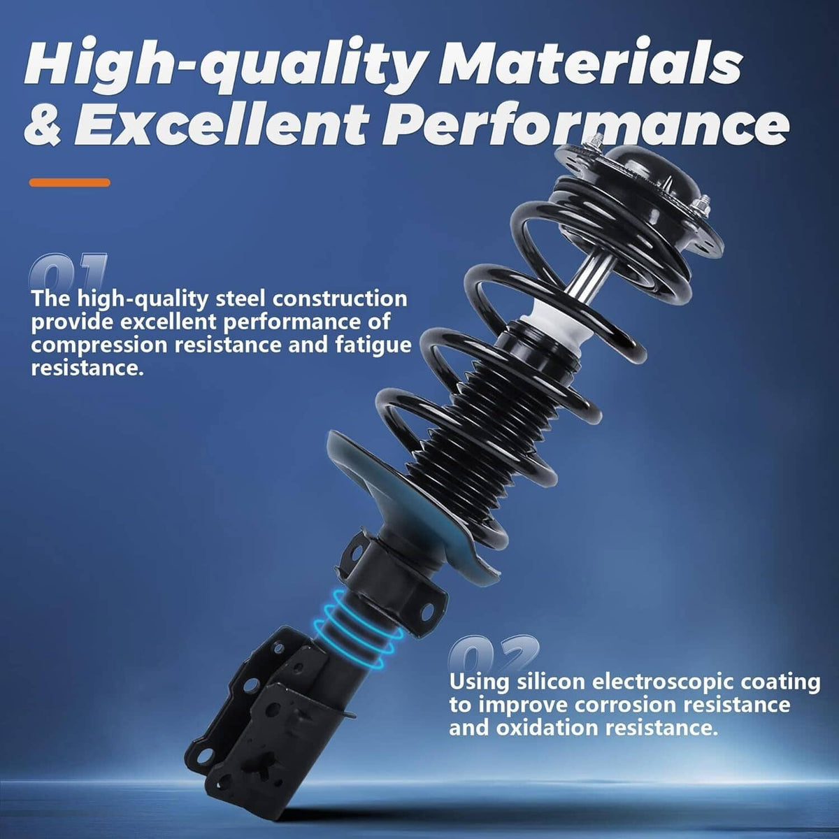 Black coil spring strut assembly with metal shock body and protective boot