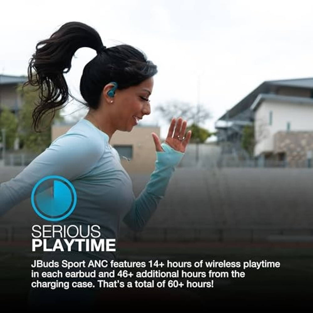 Teal sport earbuds in ear with ear hook during active exercise