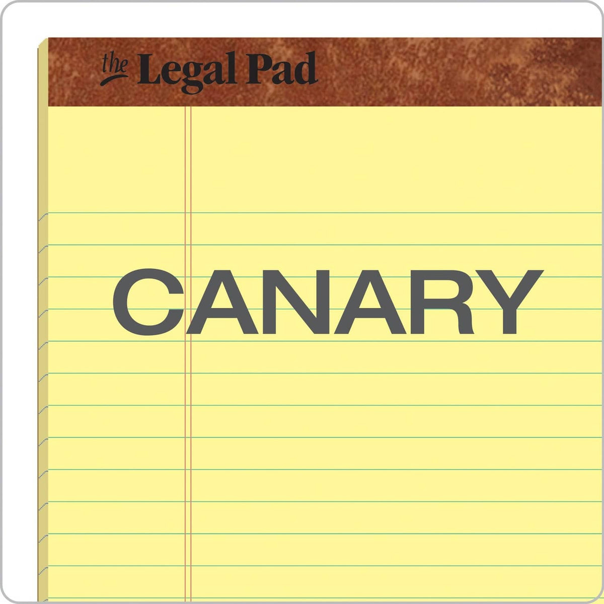 Canary yellow wide-ruled legal pad with column margin lines and brown header