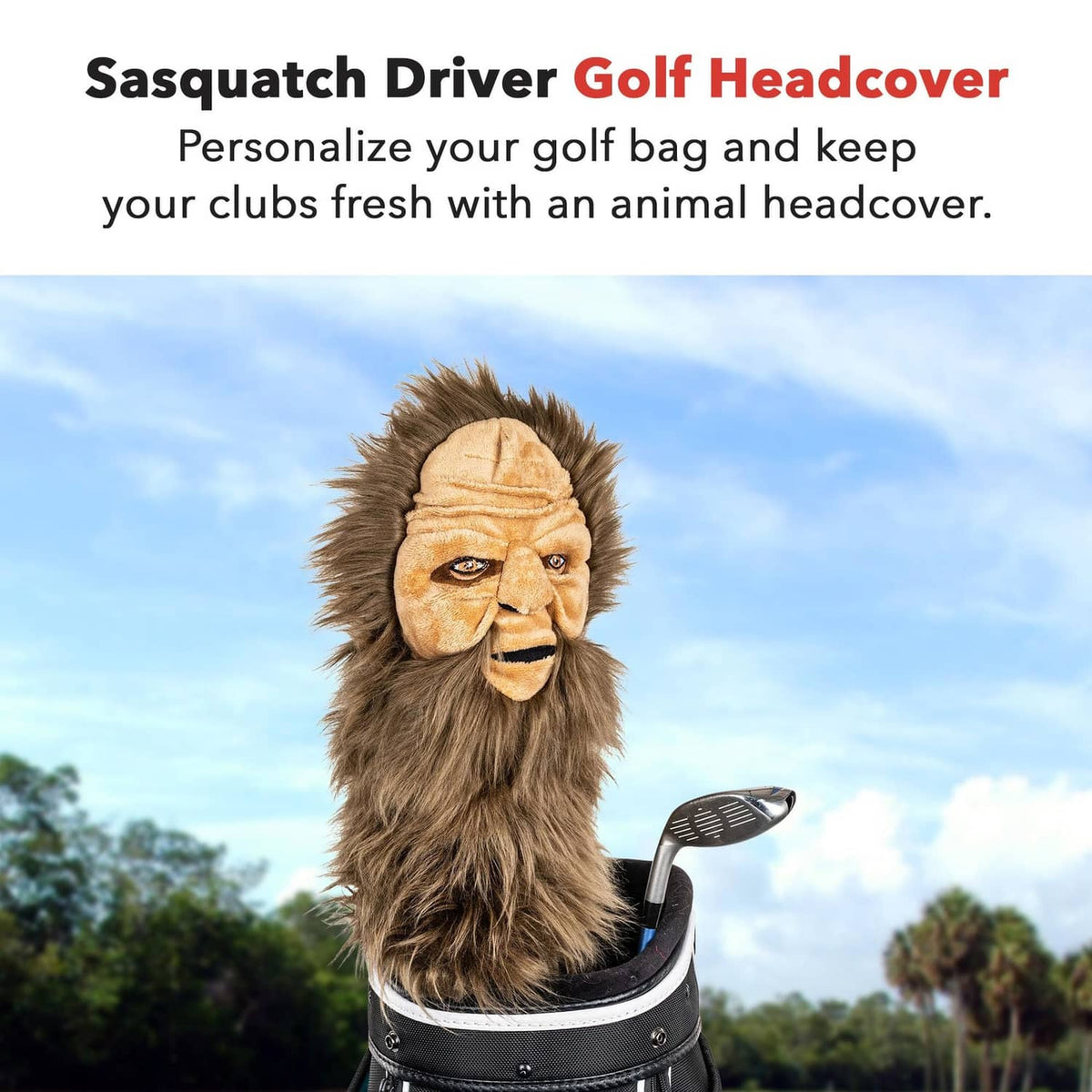 Sasquatch-style driver headcover on a golf driver, shaggy dark fur and tan face