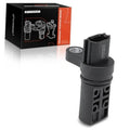 Crankshaft position sensor with black plastic housing, metal mounting ring, and connector ports