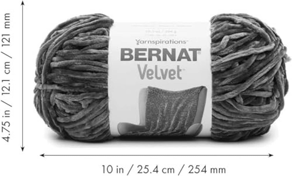 Bernat Velvet yarn skein in dark gray, soft looped texture