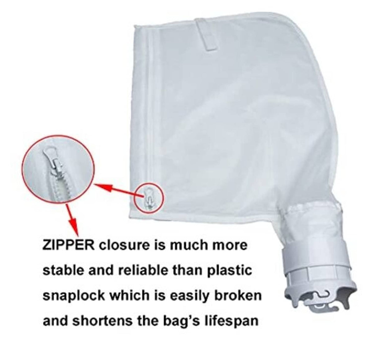 White fine mesh pool debris bag with reinforced zipper closure and ABS hose attachment