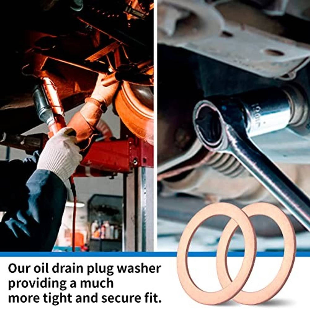 Copper crush washer gaskets, oval rings shown next to an oil drain plug