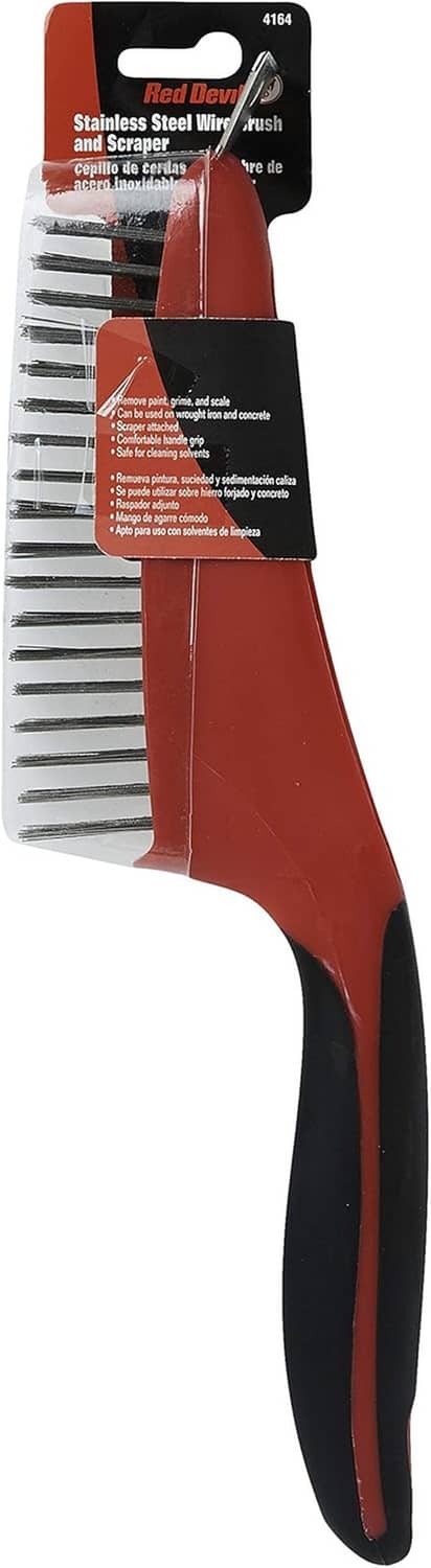 Stainless steel wire brush with red handle and black soft-grip, blister pack