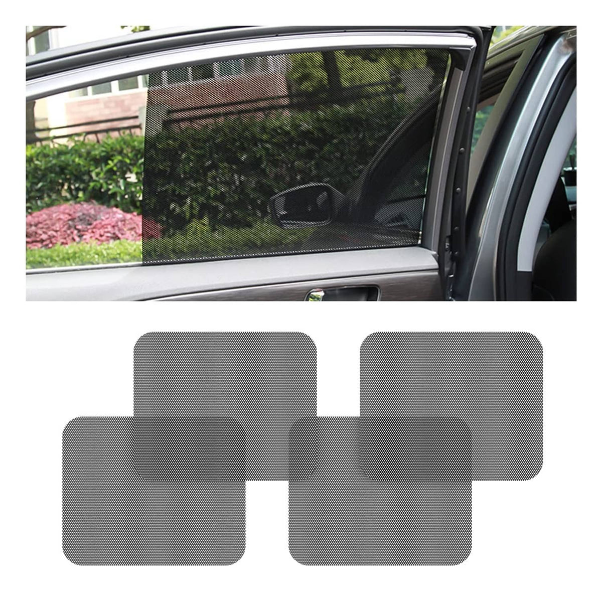 Car side window sunshade set of 4 static cling mesh films, black tint cover