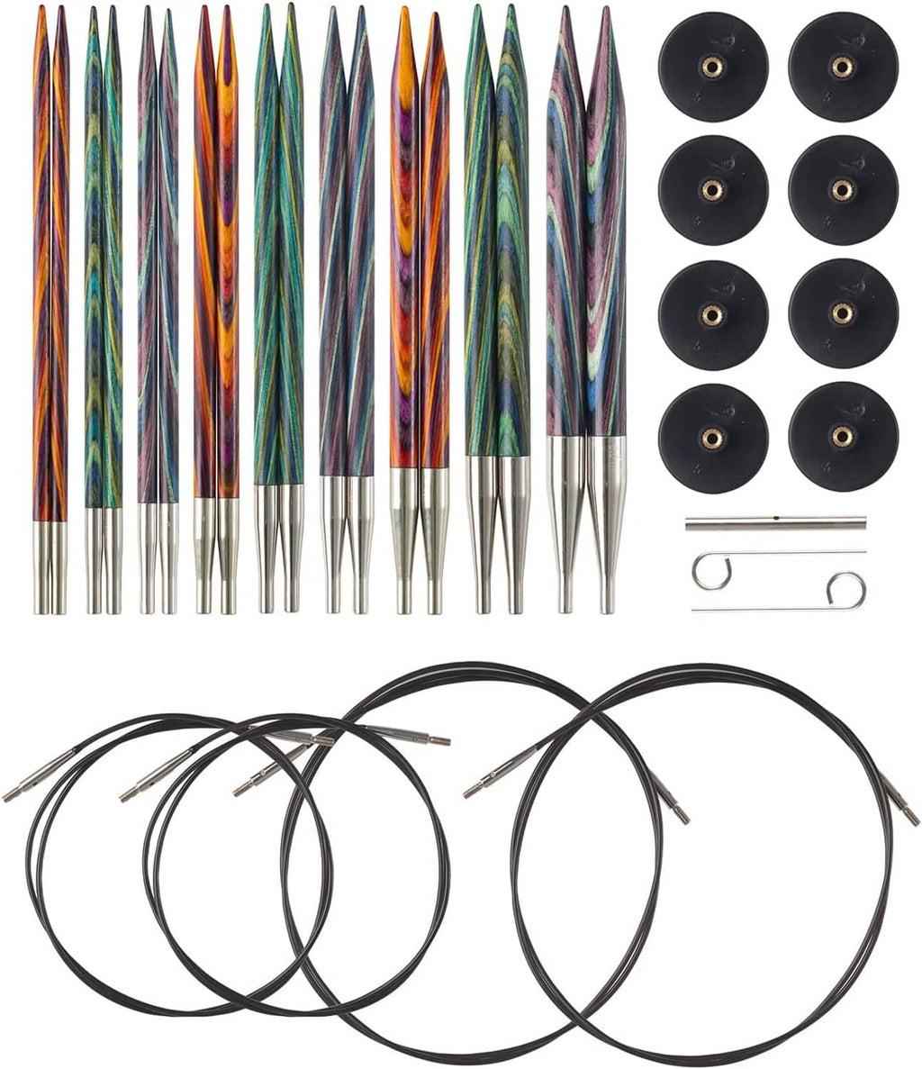 Interchangeable knitting needle set with mosaic wood needles, cables, and spare tips