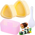 Triangle onigiri mold set with yellow press molds, pink tray, and white ridged paddle