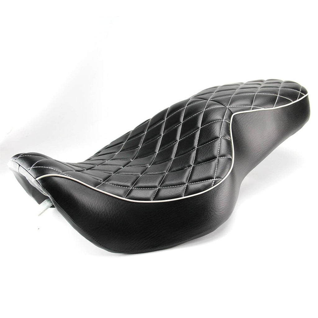 Two-up motorcycle seat, black leatherette with diamond stitching and curved rider pad