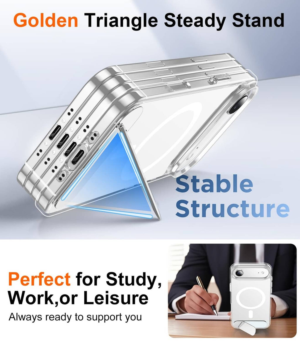 Clear iPhone Air case with kickstand, reinforced hinge and structured support base