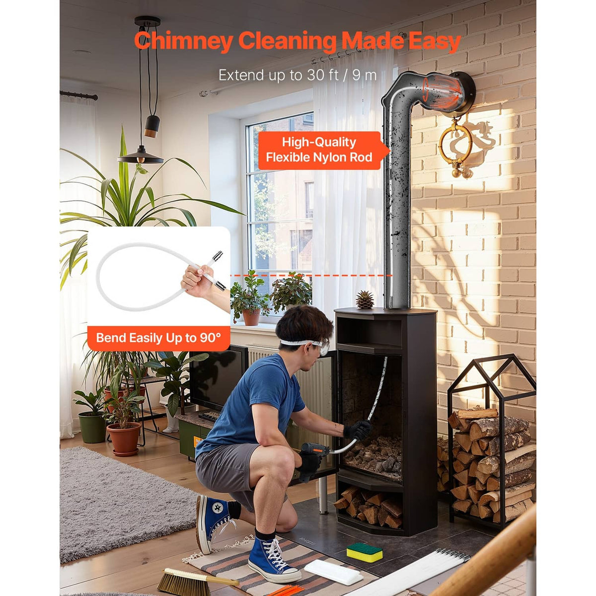 Chimney cleaning brush kit with flexible nylon rod extended for reaching inside fireplace